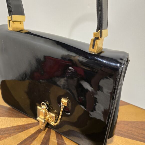 True Vintage 50s 60s Black Patent Leather Handbag Purse Working Whistle Clasp - Picture 3 of 16